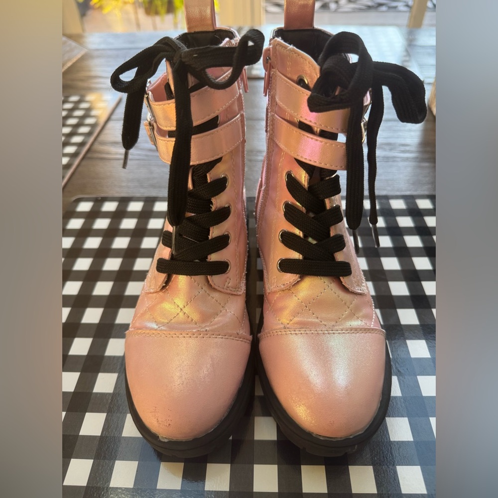 Pink iridescent Girls Lace-Up Boots